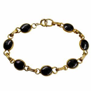 VTG Gold Tone Black Glass Cabochon Link Bracelet 1950s Victorian Revival Gothic